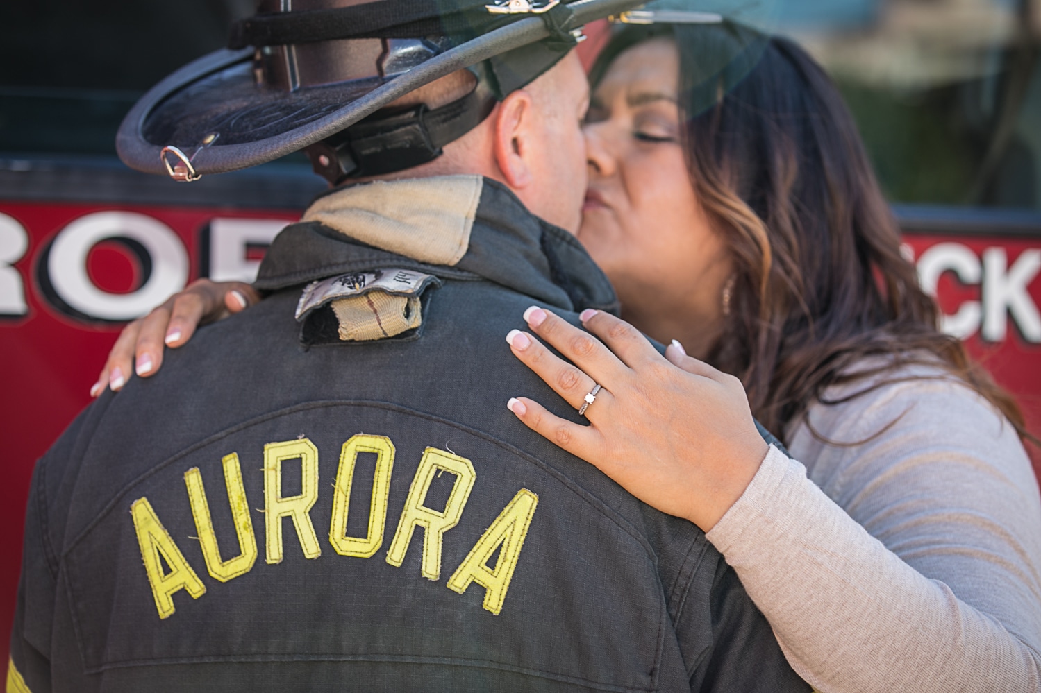Aurora Illinois Engagement Session featuring firetrucks and fireman
