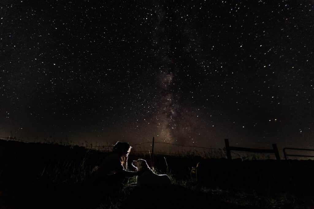 milky way with dog and human silhouette
